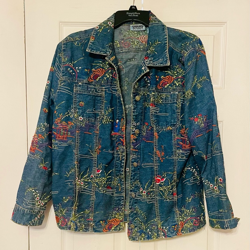 Chico's Blue Embroidered Jean Jacket